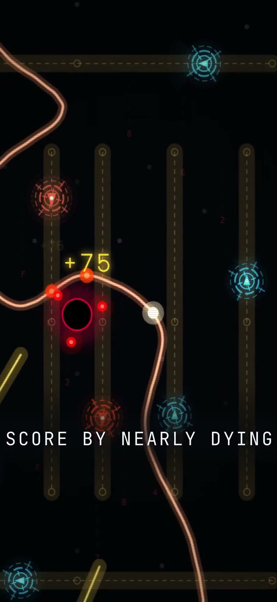 PULSEWIRE gameplay — a wire grazing a hunting patrol for a near-death score