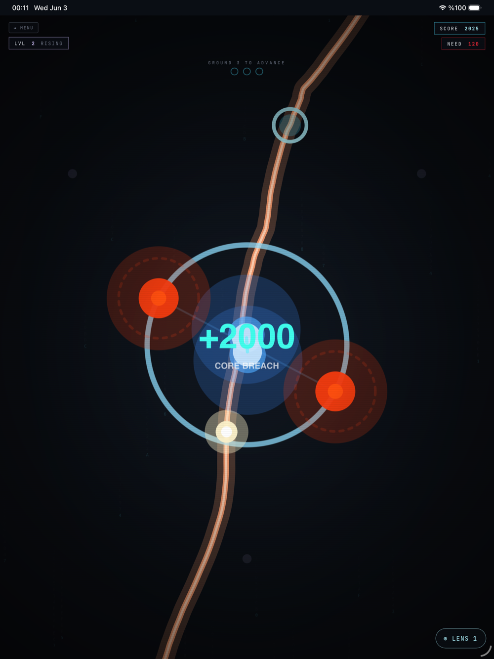 A glowing wire threads an atom core for a +2000 Core Breach